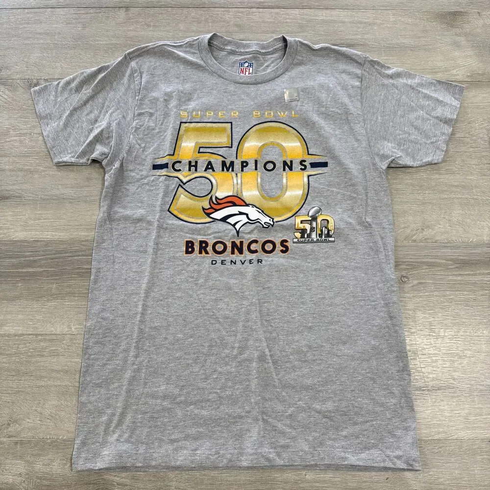 Denver Broncos Shirt Super Bowl 50 Champions NFL Men's Gray Tee Medium